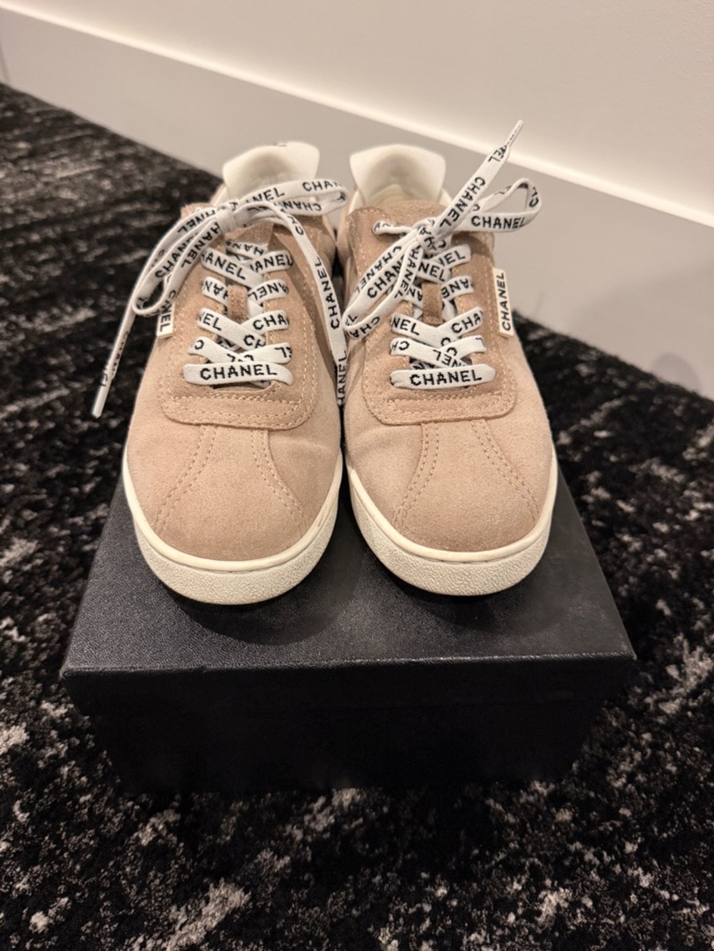 CHANEL Womens Suede Sneakers in Beige with Logo Laces